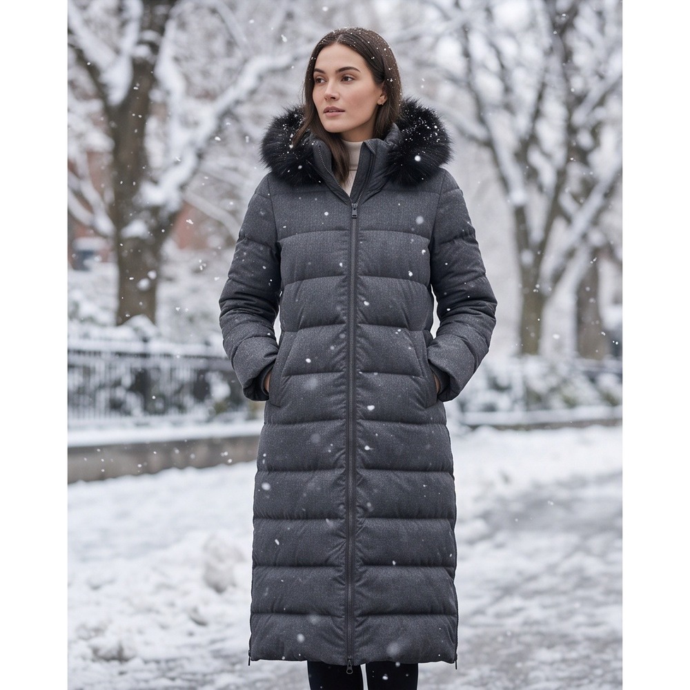 Lands End Womens L Gray Hyperdry 600 Long Puffer Coat Faux Fur Hood NWT